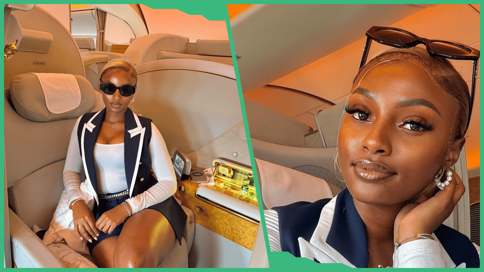 Bernice in the first class section of an plane